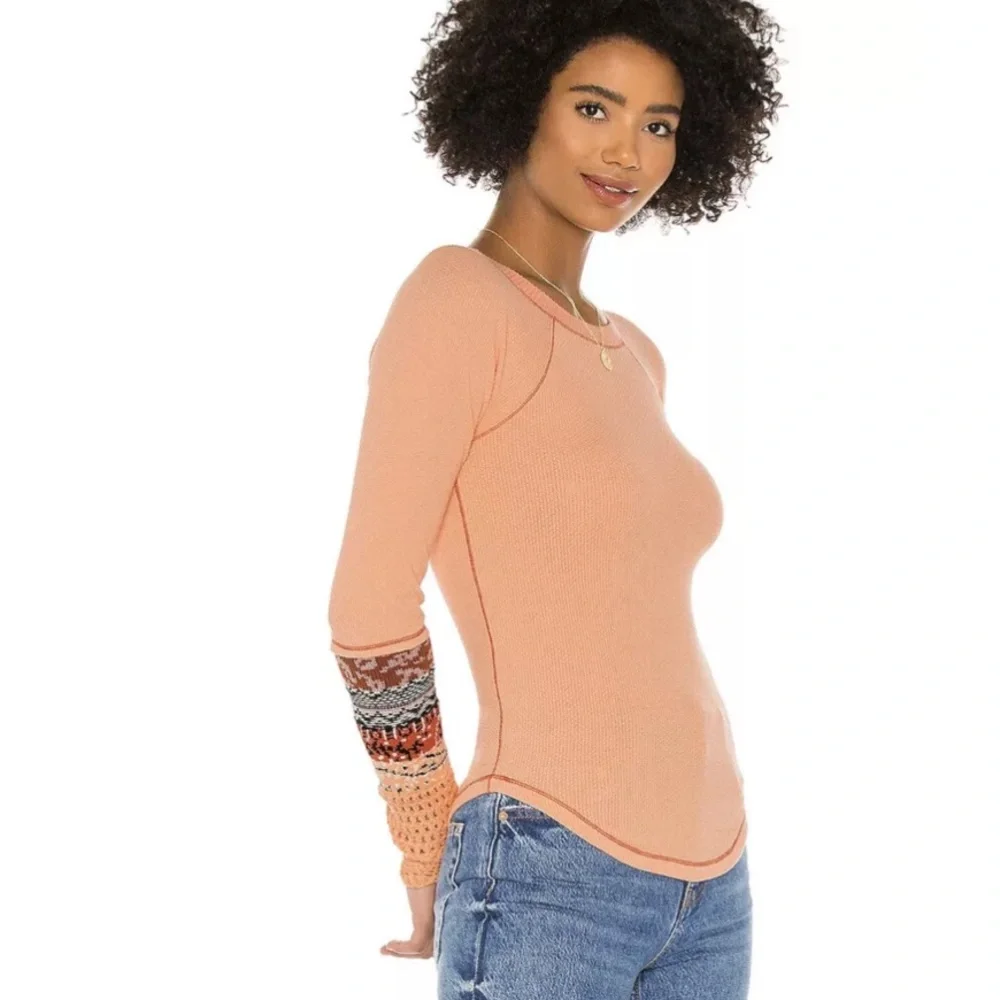 Free People in The Mix Cuff Thermal Boho Top, Desert Orange Combo NWOT Size‎ XS
